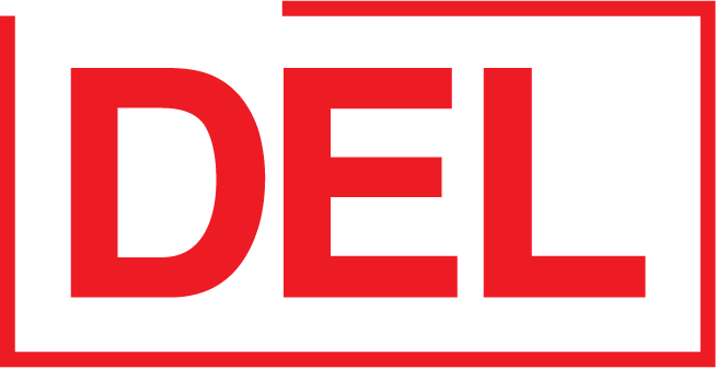 The logo is the letter DEL in all caps, with an open box surrounding them.