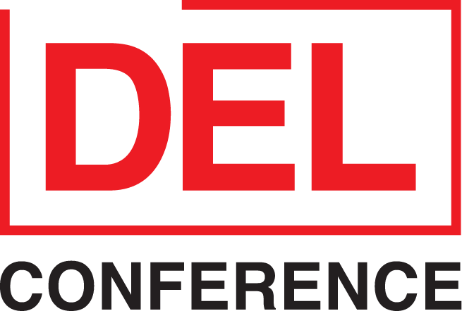 The logo is the letter DEL in all caps, with an open box surrounding them. Below the open box is the word conference in all black.