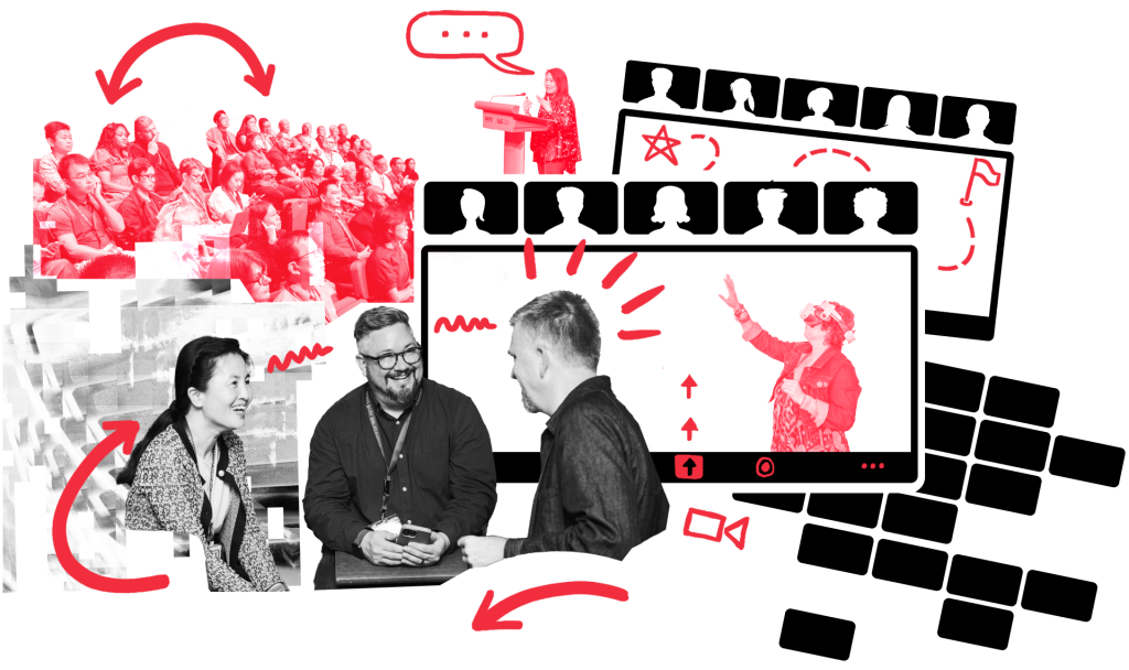 this is a collage of red, black and white doodles and images. The Core Image is 3 colleagues laughing and talking to each other. There is an image of a large audience in red/white and then other colleagues in red/white. This shows the combination of elements that bring together DEL.