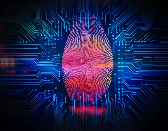 A glowing orangey thumbprint surrounded by blue connected lines as if it's connected to a computer.