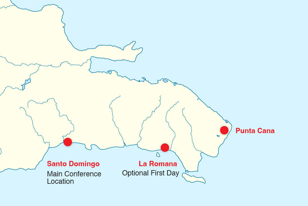 Image showing location of the Optional First Day in La Romana, Main Conference in Santo Domingo and location of Punta Canta on the right.